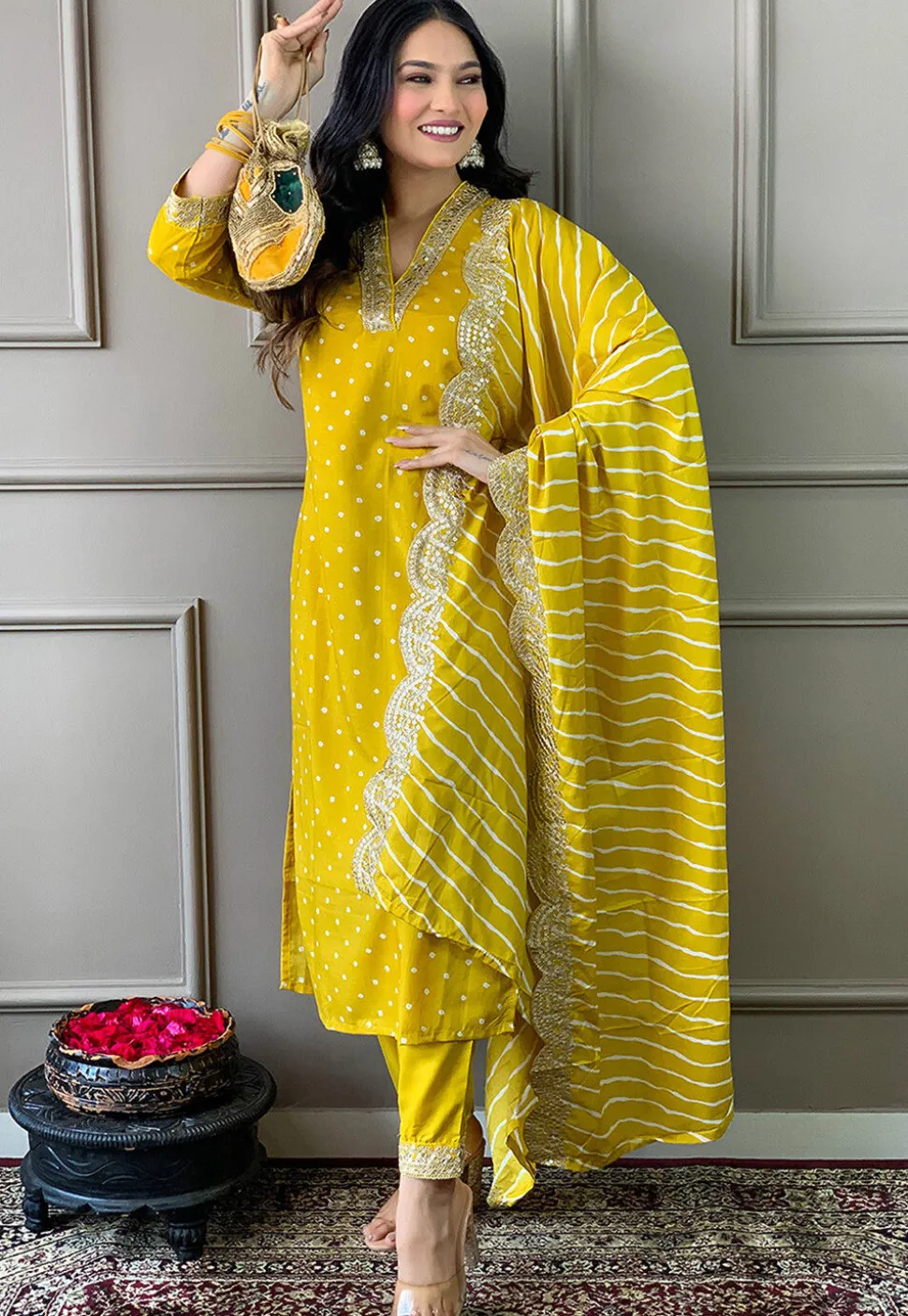 Bandhej Printed Art Silk Pakistani Suit in Yellow