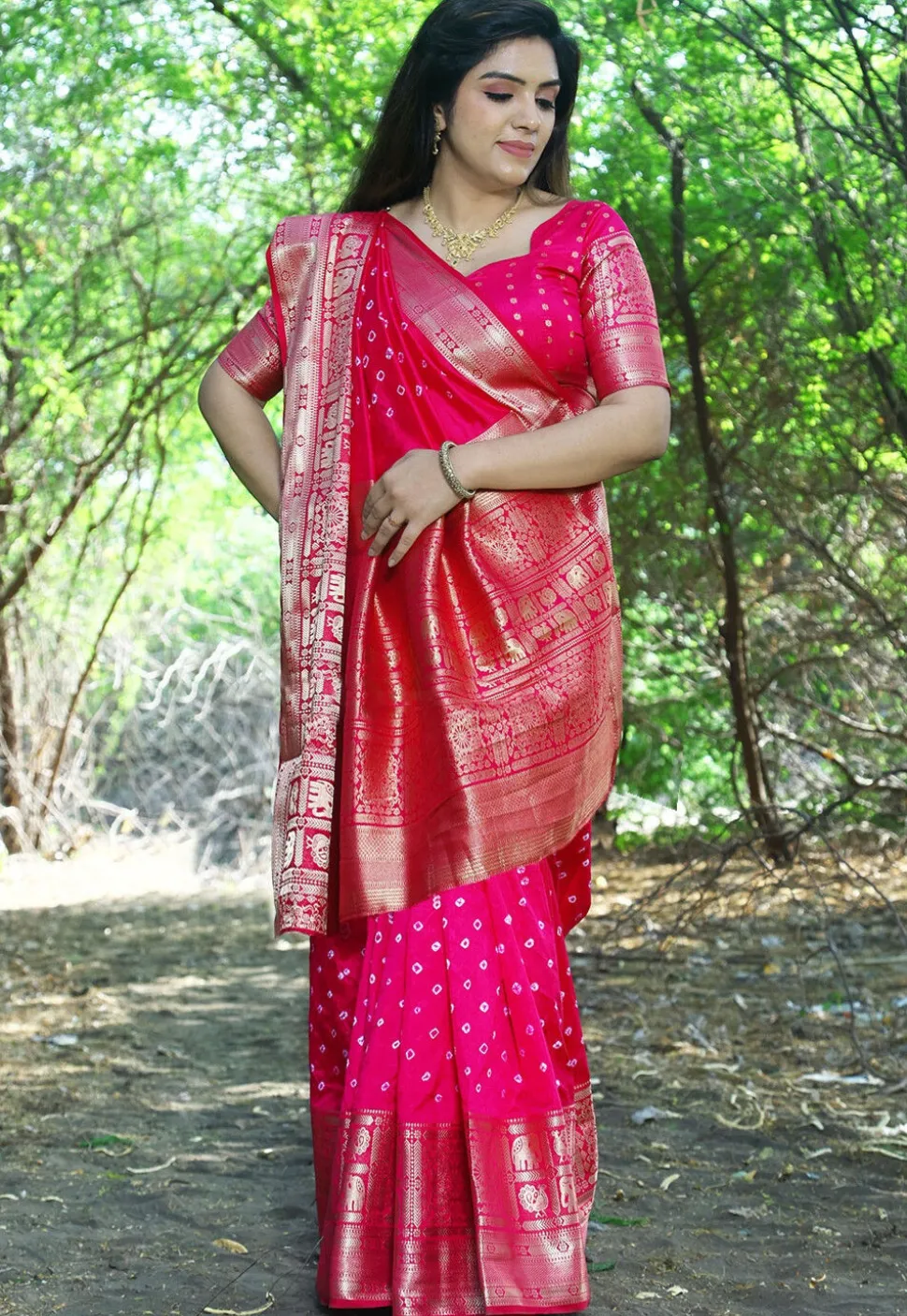 Bandhej Printed Art Silk Saree in Magenta
