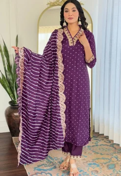 Bandhej Printed Art Silk Pakistani Suit in Purple