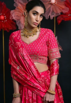 Bandhej Printed Art Silk Lehenga in Fuchsia