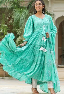 Bandhej Printed Art Silk Aline Suit in Turquoise