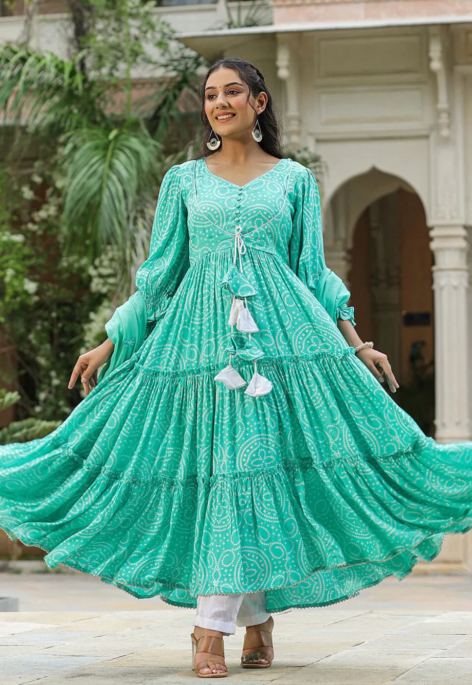 Bandhej Printed Art Silk Aline Suit in Turquoise
