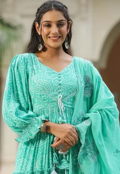 Bandhej Printed Art Silk Aline Suit in Turquoise
