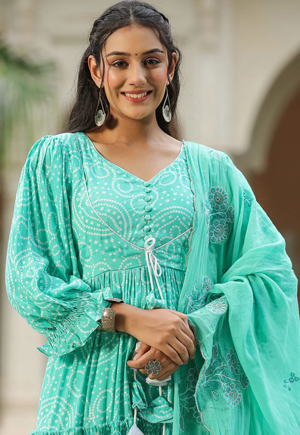 Bandhej Printed Art Silk Aline Suit in Turquoise