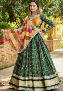 Bandhej Printed Art Silk Lehenga in Dark Green