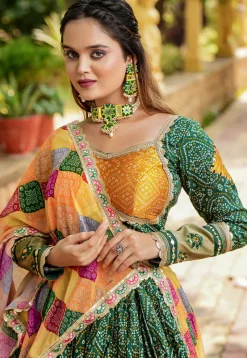 Bandhej Printed Art Silk Lehenga in Dark Green
