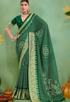 Bandhej Printed Art Silk Saree in Green