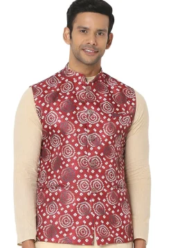 Bandhej Printed Art Silk Nehru Jacket in Maroon