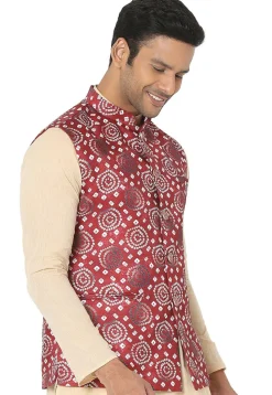 Bandhej Printed Art Silk Nehru Jacket in Maroon