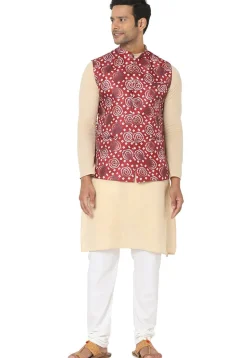 Bandhej Printed Art Silk Nehru Jacket in Maroon