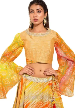 Bandhej Printed Bhagalpuri Silk Blouse in Beige and Orange