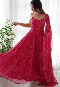 Bandhej Printed Chiffon Abaya Style Suit in Pink