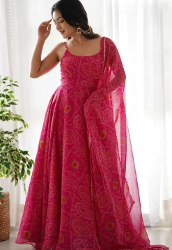 Bandhej Printed Chiffon Abaya Style Suit in Pink