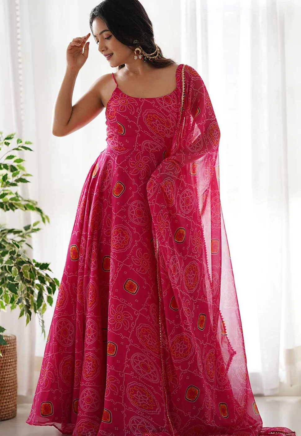 Bandhej Printed Chiffon Abaya Style Suit in Pink
