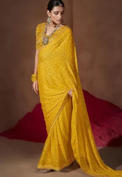 Bandhej Printed Chiffon Saree in Mustard