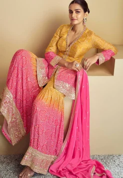 Bandhej Printed Chinon Chiffon Pakistani Suit in Shaded Mustard and Pink