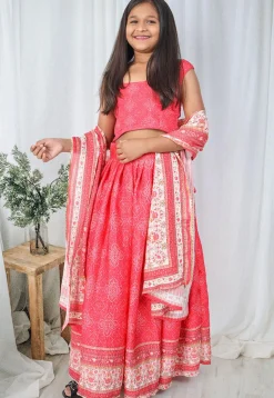 Bandhej Printed Chinon Chiffon Lehenga in Coral Pink