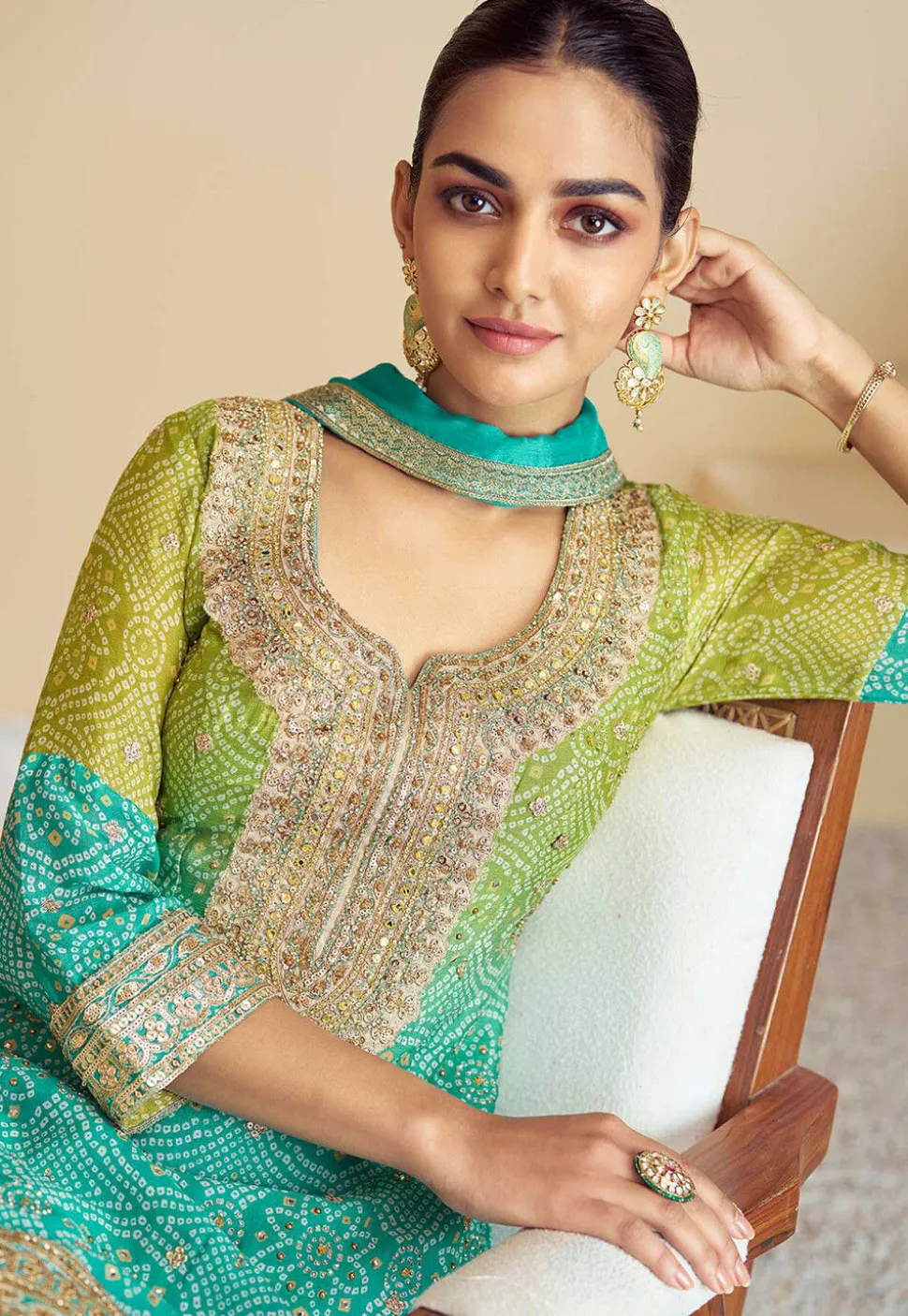 Bandhej Printed Chinon Chiffon Pakistani Suit in Shaded Light Green and Teal Green
