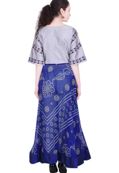 Bandhej Printed Chinon Crepe Abaya Style Kurta in Blue and Grey