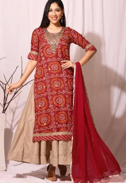 Bandhej Printed Chinon Crepe Abaya Style Suit in Red and Beige