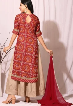 Bandhej Printed Chinon Crepe Abaya Style Suit in Red and Beige