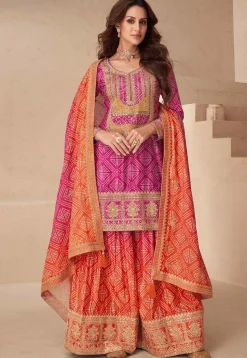 Bandhej Printed Chinon Silk Pakistani Suit in Pink