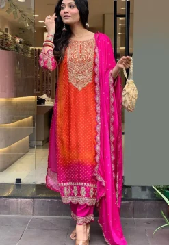 Bandhej Printed Chinon Silk Pakistani Suit in Orange and Pink