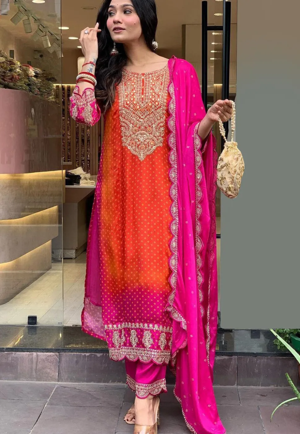 Bandhej Printed Chinon Silk Pakistani Suit in Orange and Pink