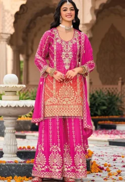 Bandhej Printed Chinon Silk Pakistani Suit in Fuchsia and Orange