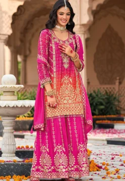 Bandhej Printed Chinon Silk Pakistani Suit in Fuchsia and Orange