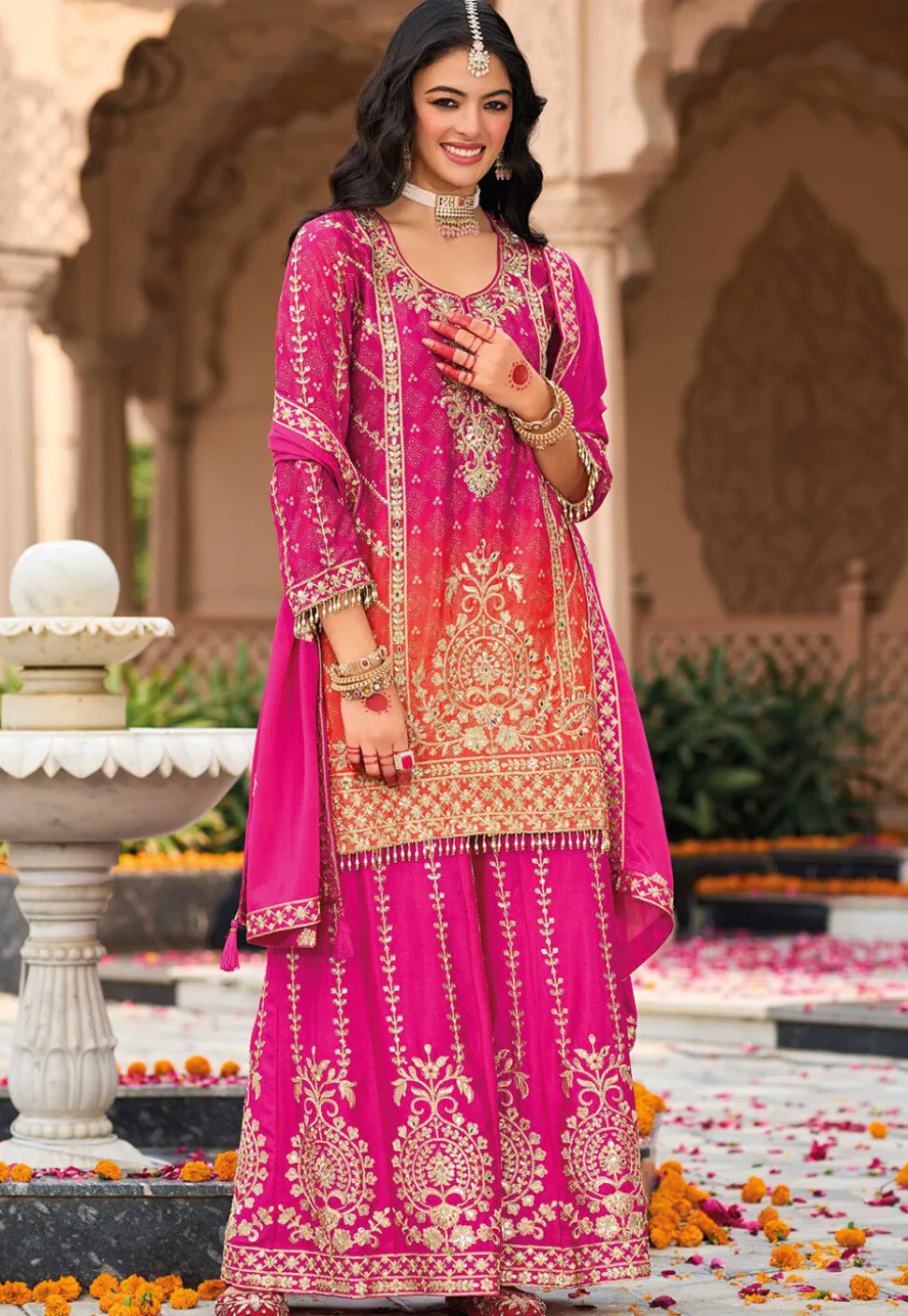 Bandhej Printed Chinon Silk Pakistani Suit in Fuchsia and Orange