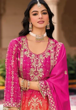 Bandhej Printed Chinon Silk Pakistani Suit in Fuchsia and Orange