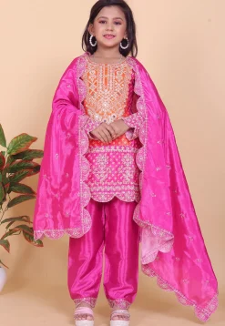 Bandhej Printed Chinon Silk Pakistani Suit in Orange and Pink