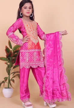 Bandhej Printed Chinon Silk Pakistani Suit in Orange and Pink