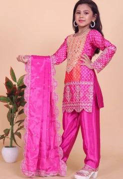 Bandhej Printed Chinon Silk Pakistani Suit in Orange and Pink