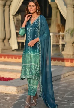Bandhej Printed Chinon Silk Pakistani Suit in Blue and Green