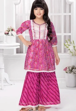 Bandhej Printed Cotton A Line Kurta Set in Purple