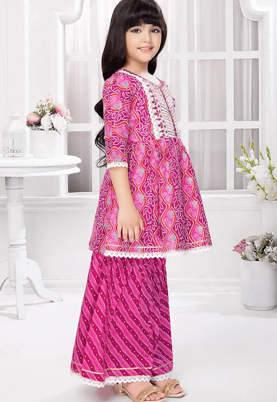 Bandhej Printed Cotton A Line Kurta Set in Purple