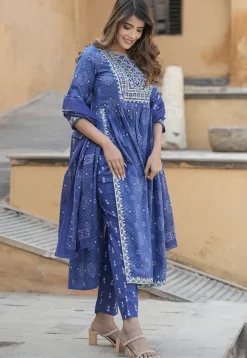 Bandhej Printed Cotton A Line Suit in Navy Blue