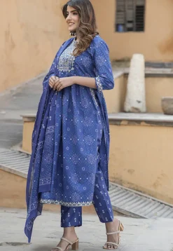 Bandhej Printed Cotton A Line Suit in Navy Blue