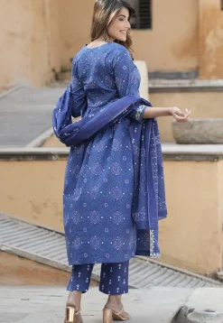 Bandhej Printed Cotton A Line Suit in Navy Blue
