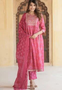 Bandhej Printed Cotton A Line Suit in Pink