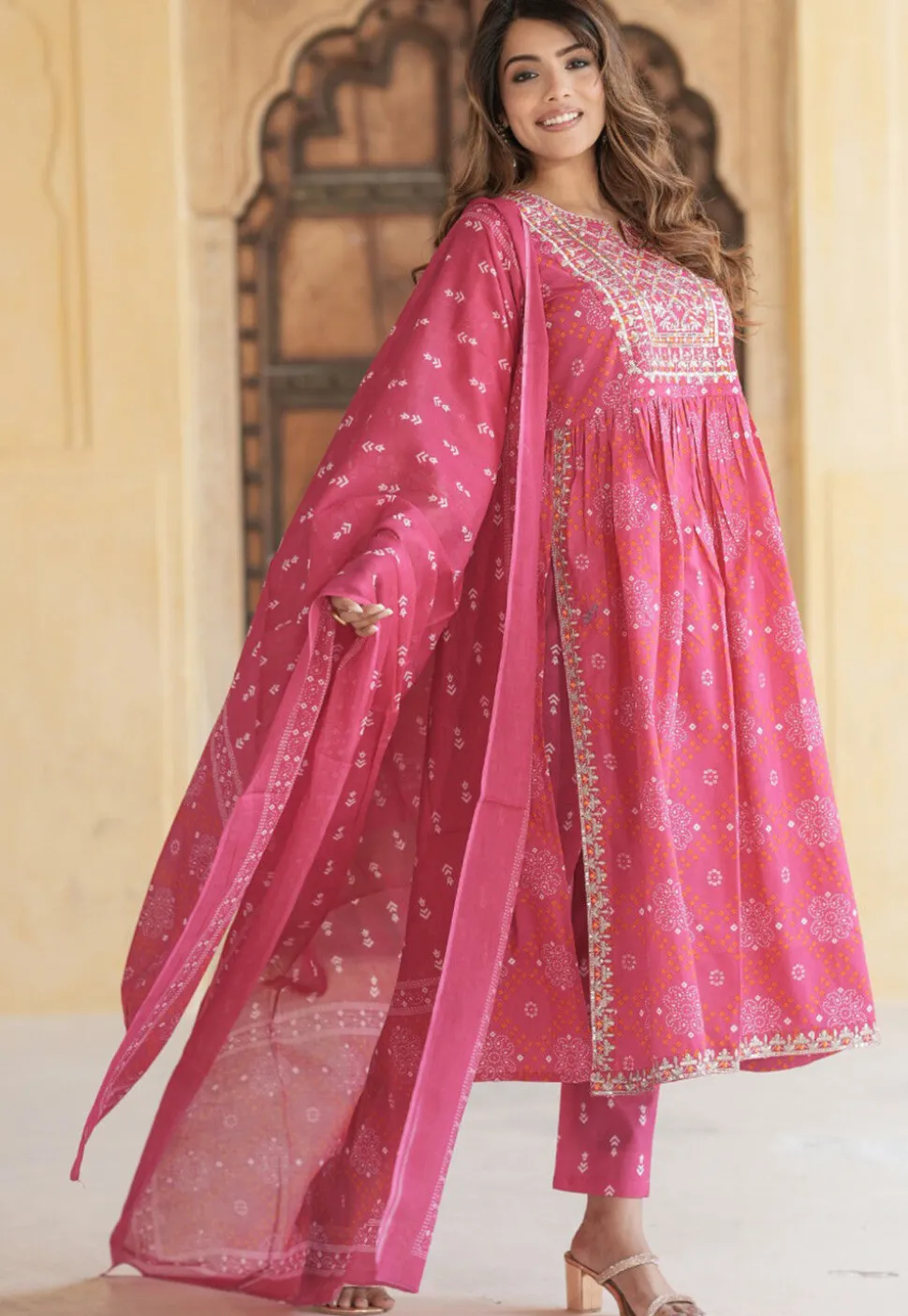 Bandhej Printed Cotton A Line Suit in Pink