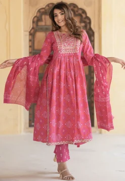 Bandhej Printed Cotton A Line Suit in Pink
