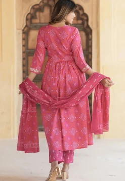 Bandhej Printed Cotton A Line Suit in Pink