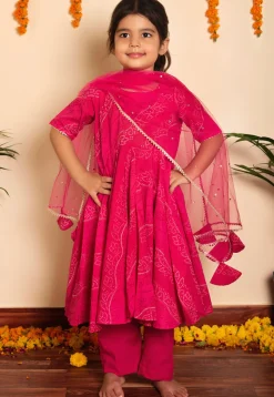 Bandhej Printed Cotton Anarkali Suit in in Fuchsia