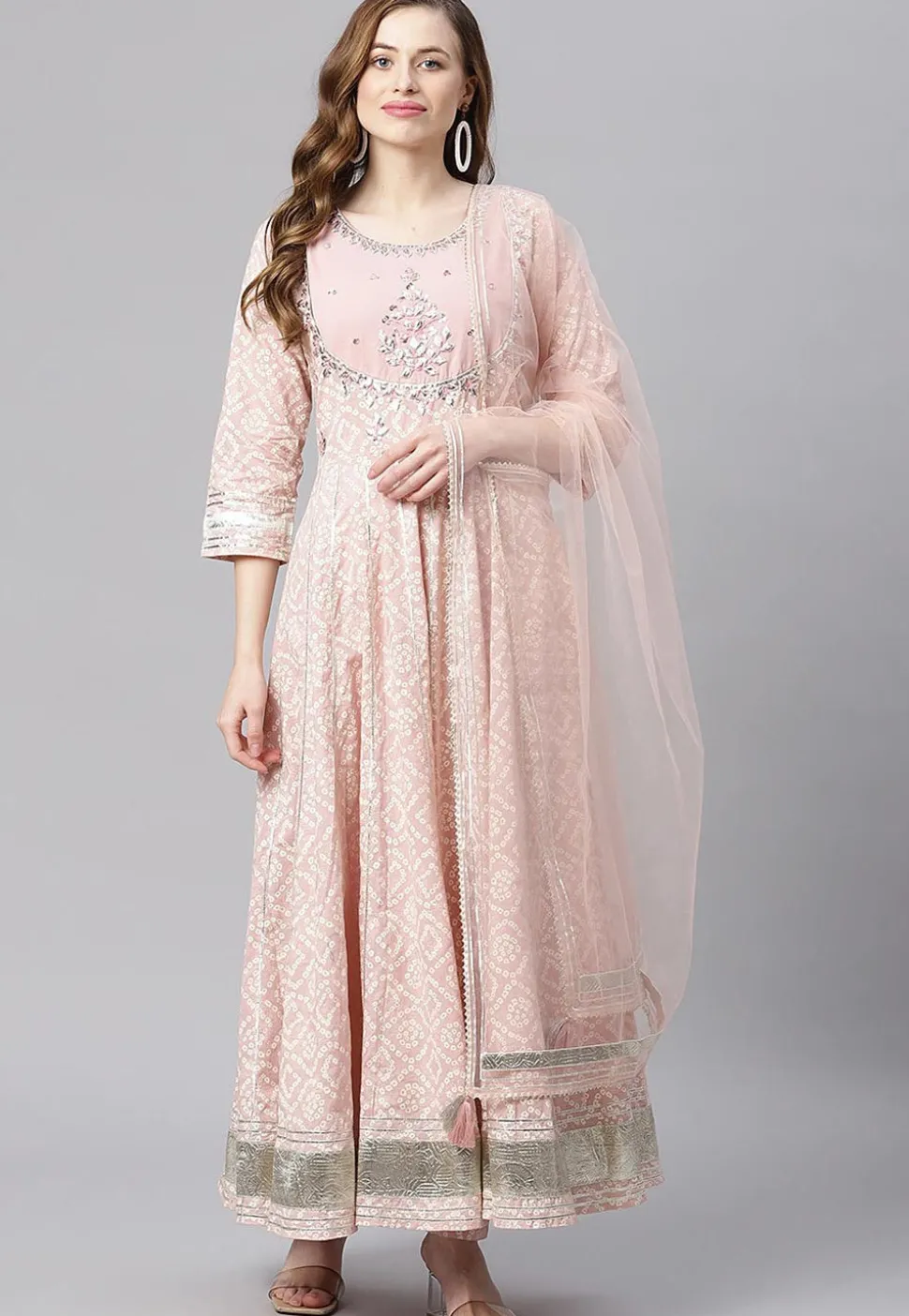 Bandhej Printed Cotton Anarkali Suit in Light Pink