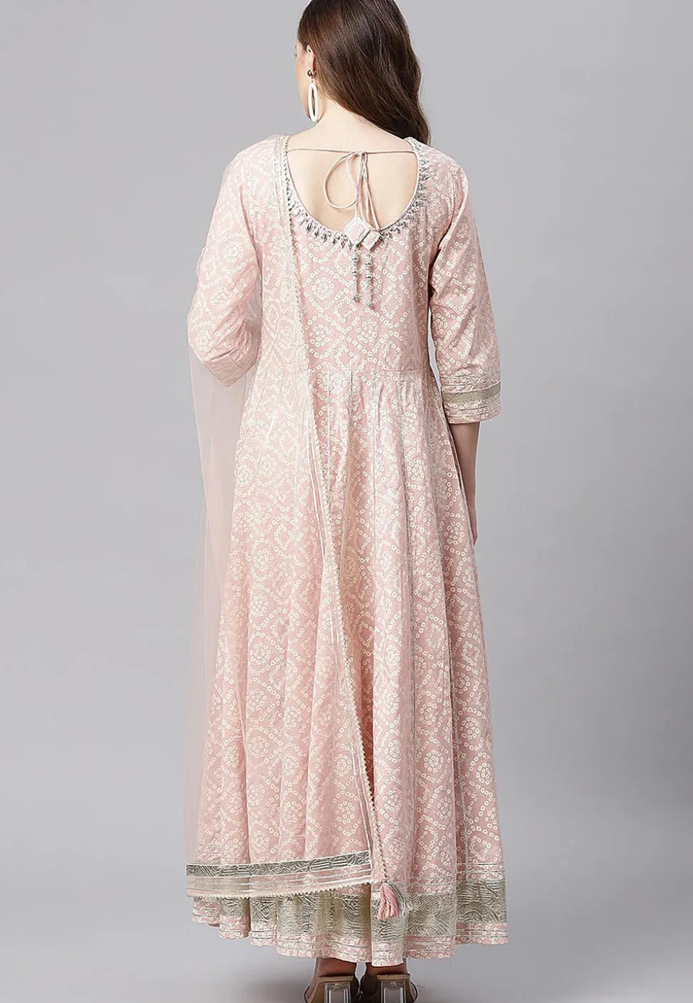 Bandhej Printed Cotton Anarkali Suit in Light Pink