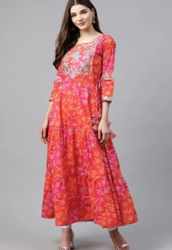 Bandhej Printed Cotton Anarkali Kurta in Orange and Pink