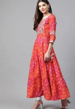 Bandhej Printed Cotton Anarkali Kurta in Orange and Pink